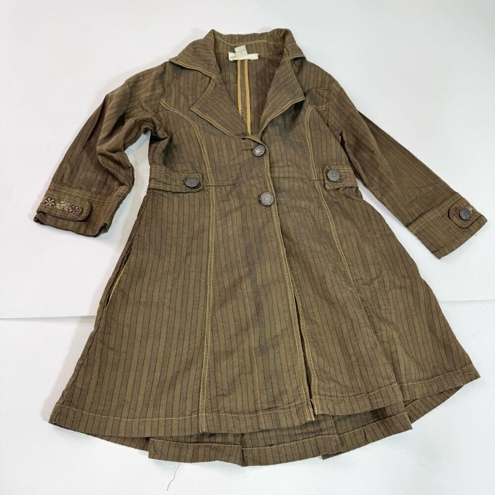 VTG Mrs. Pepper Coat Women Medium Green Button up Striped Herringbone 3/4 Sleeve